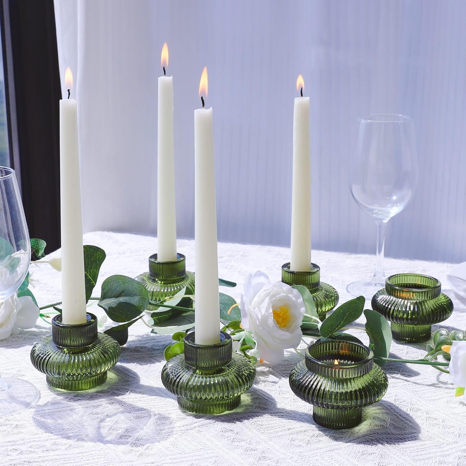 VOHO Green Candle Holder Decor for Dining Table Centerpiece, Ribbed Taper Candle Holders Versatile for Candle Sticks and Tea Lights Candles, Holiday Candlestick Holders Gifts for Friends(Set of 4)
